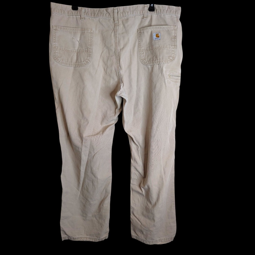Men's Carhartt Pants 44 x 32 Relaxed Fit Khaki Canvas Work Jeans B299 Destructed - Picture 2 of 11